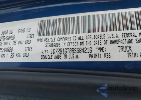 2011 Ram Ram 1500 Sport из США, поврежденный, VIN 1D7RB1GT8BS584216